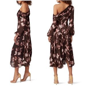 AMUR Brown Floral Off-Shoulder Midi Dress with Pink Accents